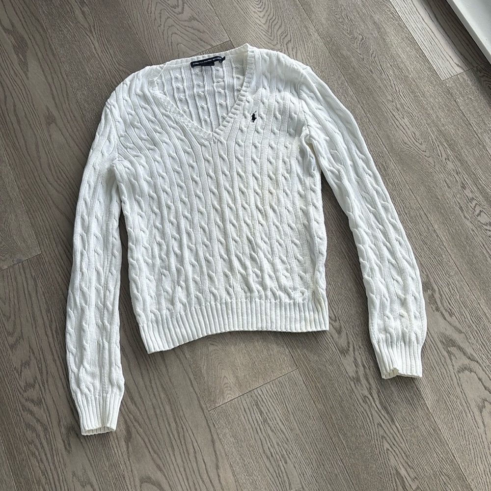 Polo Ralph Lauren White Cable-Knit V-Neck Sweater
